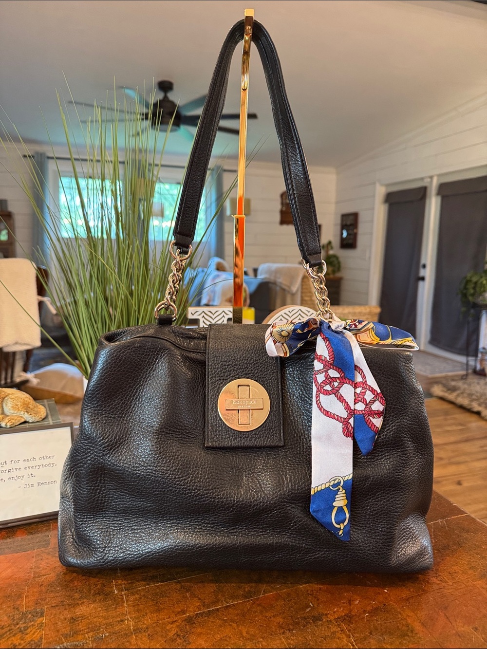 kate spade Black Leather Shoulder Bag with Gold Hardware and Scarf Accent